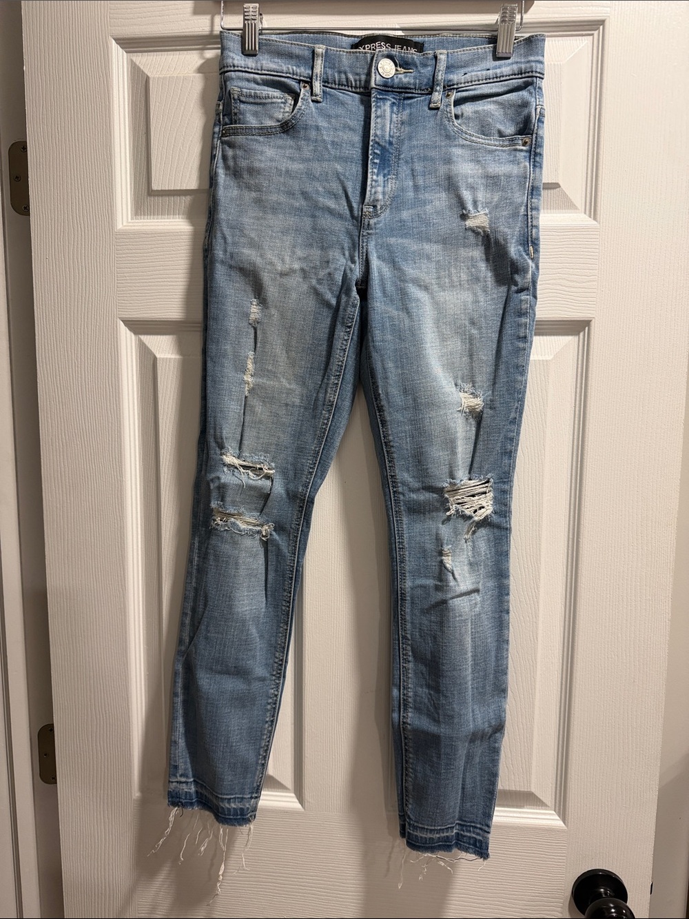 Express Light Blue Distressed Ankle Skinny Jeans